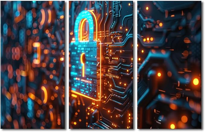 3 Panels Wall Art Canvas Print Security Lock Symbol Paintings AI Intelligence Pictures Prints on Canvas Contemporary Wall Decor Modern Artwork Giclee Gallery-Wrapped Framed Ready to Hang, 60"Wx40"