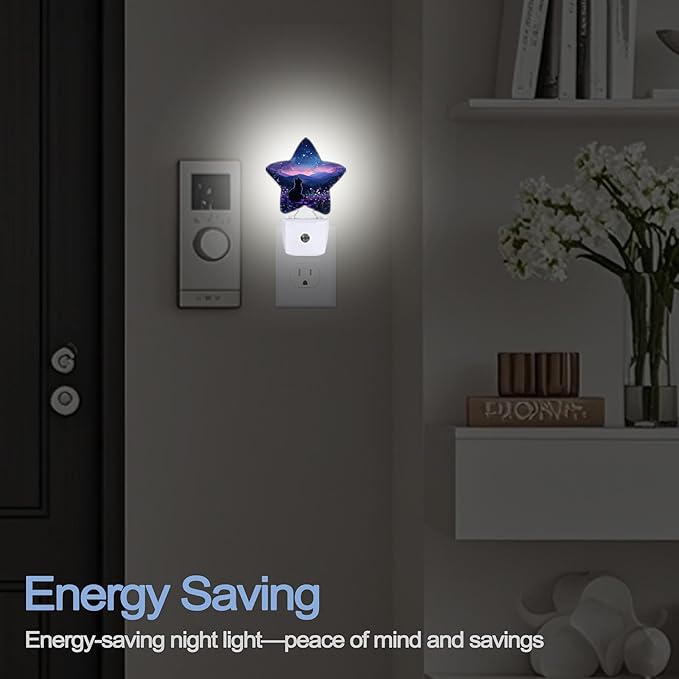 Cat Flowers Night Light,Mountain Starry Sky Plug-in Star Night Lights with Dusk-to-Dawn Sensor for Bedroom,Bathroom,Living Room Sleep Friendly Lamp for Women Girls Boys Gift,0.5W