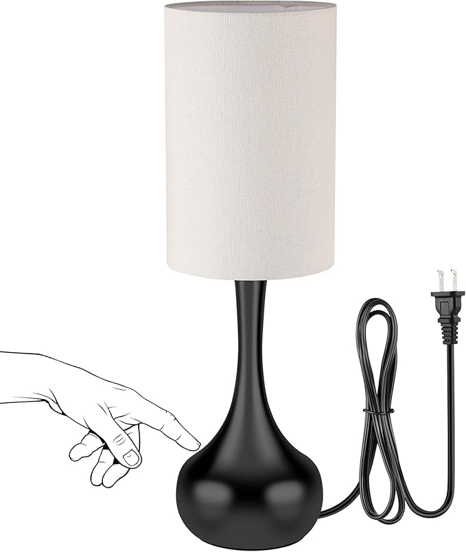 Mid Century Modern Droplet Table Lamp,Touch Control & 3-Way Dimmable,No Assembly Required Cyliner Shade,Black Vintage Farmhouse Bedside Lamp for Bedroom,Nightstand,Living Room,Office