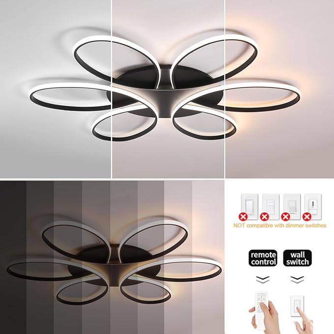 Modern LED Ceiling Light Fixture Black Flush Mount Ceiling Lamp with Remote Control Dimmable 6 Rings Flower Shaped Ideal for Living Room Bedroom Dining Room Kitchen(95CM/37.4IN)