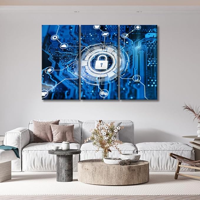 LSIUHWUWI 3 Panel Modern Wall Art Cybersecurity and Secure Nerwork Internet Technology Picture Prints on Canvas Wall Paintings for Bedroom Living Room, Framed Ready to Hang, 20x40inchx3