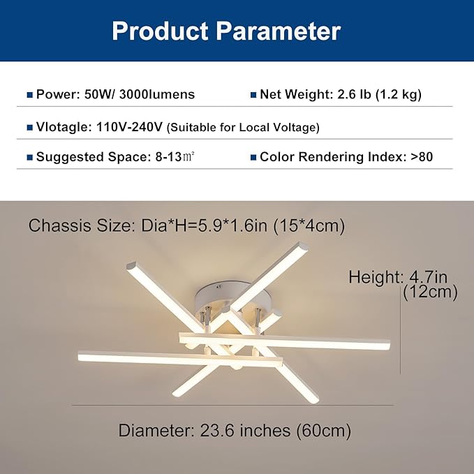 Dimmable LED Ceiling Light with Remote, 6-Light Surface Mount Ceiling Lights for Bedroom Living Dining Room, Modern White Ceiling Lamp LED Chandeliers Ceiling Light for Kitchen 24''