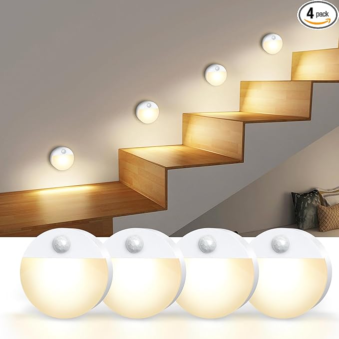 AMIR Upgraded Mini Motion Sensor Light Battery Powered, Cordless Stick On LED Night Light, Wall Light, Closet Lights, Safe Lights for Stairs, Hallway, Bathroom, Kitchen, Cabinet (Pack of 4 Warm White)