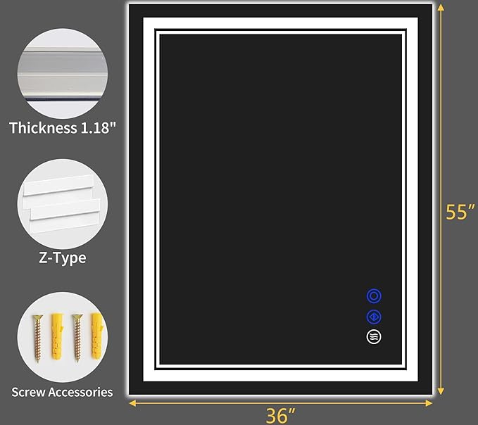 55"x36" LED Bathroom Mirror with Anti-Fog, Stepless Dimmable Lights, 3 Color Modes, Shatter-Proof Tempered Glass,Waterproof Design