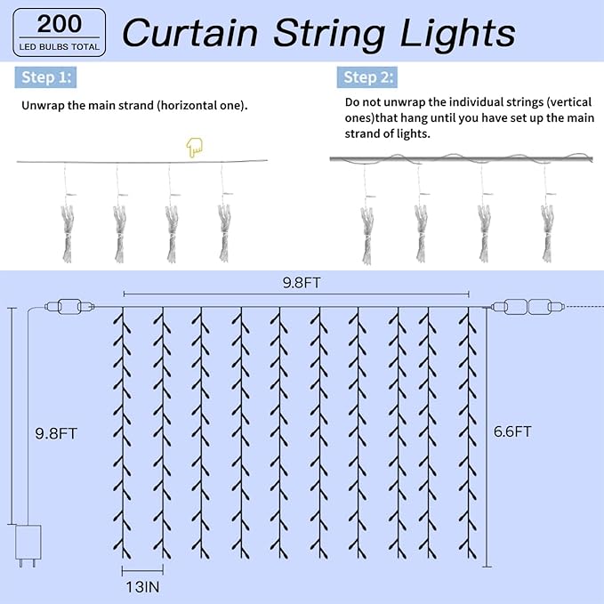 Curtain Lights with Hooks, 200 LED 9.8 x 6.6FT Window String Lights, Plug in Fairy Lights with Remote & Timer, 8 Modes Waterproof Hanging Backdrop Lights for Bedroom, Wedding, Christmas Decor