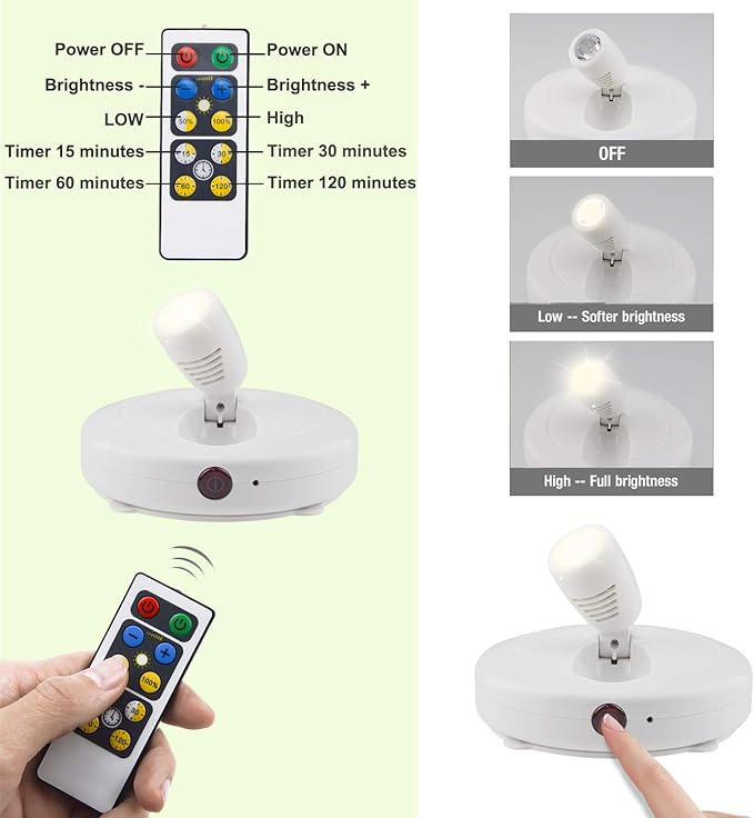 HONWELL Wireless LED Spotlights 2 Pack Accent Light Puck Lights with 2 Remote, Indoor Closet Lights with Rotatable Head,Stick on Artwork Lighting, Picture Light for Paintings