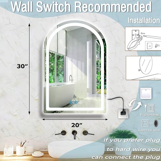 30 x 20 Inch LED Arch Mirror with Lights AntiFog 3 Color Adjustable Brightness Frontlits 30" Arched Lighted Vanity Mirror for Bathroom Wall Mounted Makeup Tabletop Smart Arch Light up Mirrors