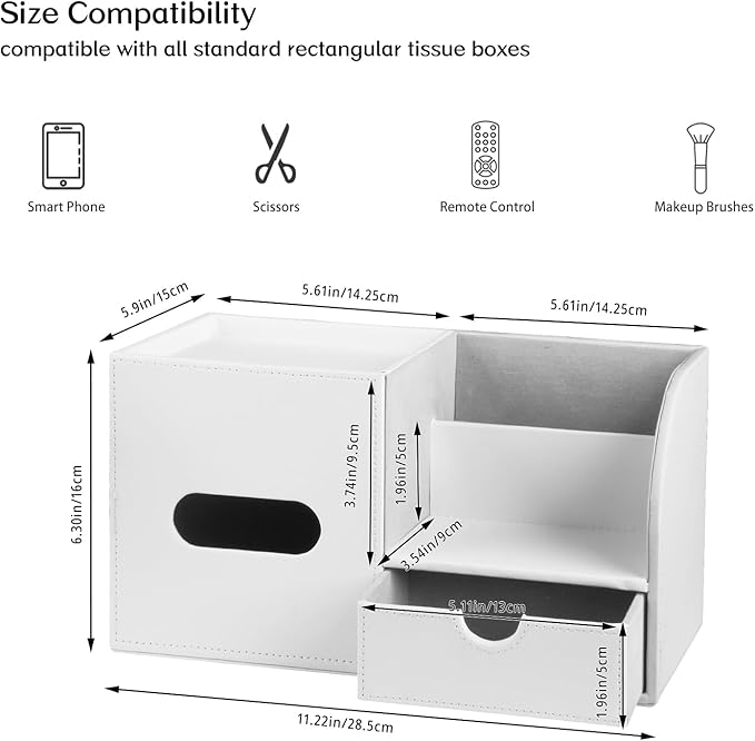 Square Tissue Box Cover with Tray and Organizer,Multi-Functional Decor Cube Tissue Box Holder,Tissue and Remote Control Holder,for Vanity,Nightstand,Bathroom,Home,Office