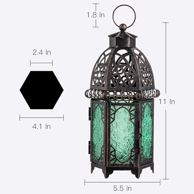 DECORKEY Moroccan Decorations for Home, 12.8’’ Vintage Metal Tabletop Candle Lantern, Spring Style Decorative Hanging Lantern, Christmas Halloween Candle Holders for Indoor Outdoor Patio Decor (Green)