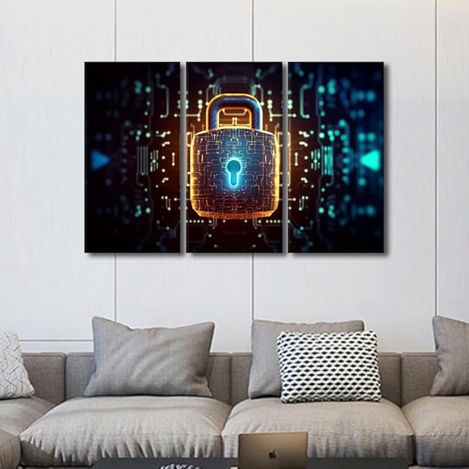 TUMOVO 3 Panel Canvas Print Art Set Padlock with a Glowing Light at the Top Posters and Prints for Bedroom Living Room Wall Decorative, Cybercrime Concept Artwork Framed Ready to Hang, 42" Wx28 H