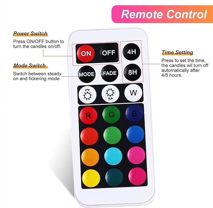 LED Flickering Flameless Candles with Color Changing, Remote Control and Auto-Off Timer, 100 Hours Working Time, Battery-Operated.Multi-Color