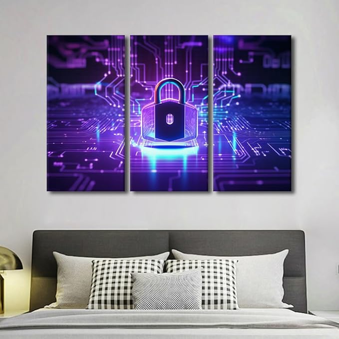 TUMOVO Large Canvas Wall Art Cyber Security Concept Picture Posters for Home Wall Decoration, Padlock on Circuit Board Neon Pictures Print On Canvas Wall Art, Ready to Hang, 60" Wx40 H