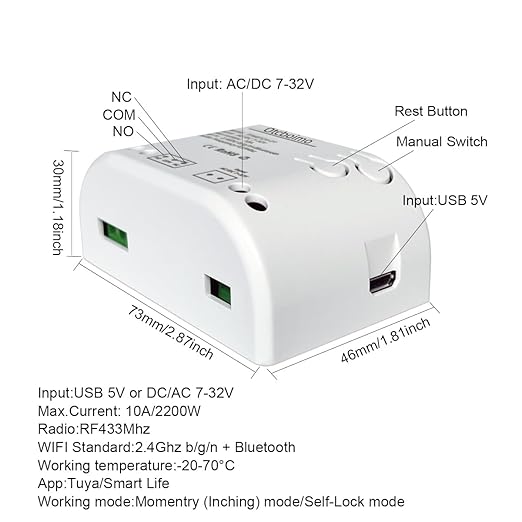 Smart WiFi Wireless Relay Switch Module, Tuya 1CH AC 85-250V/ USB 5V Smart Life Remote Control Dry Contact Momentry Switch Compatible with Alexa and Google Home