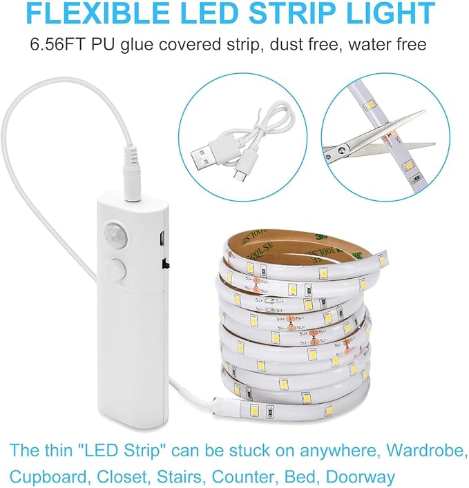 2 Pack Rechargeable LED Strip Lights with Motion Sensor - LUXJET 2M Cool White LED Closet Light Motion Activated, Under Cabinet Strip Light