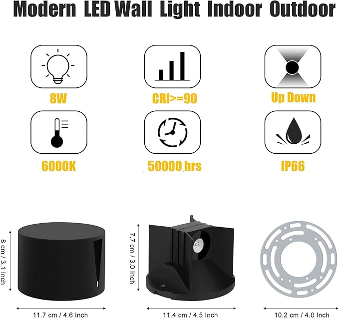 Kawell 8W Modern LED Wall Sconce Light Up Down Waterproof Outdoor Wall Lamp Indoor Hardwired for Bedroom Bathroom Hallway Stairs Porch, Black 6000K