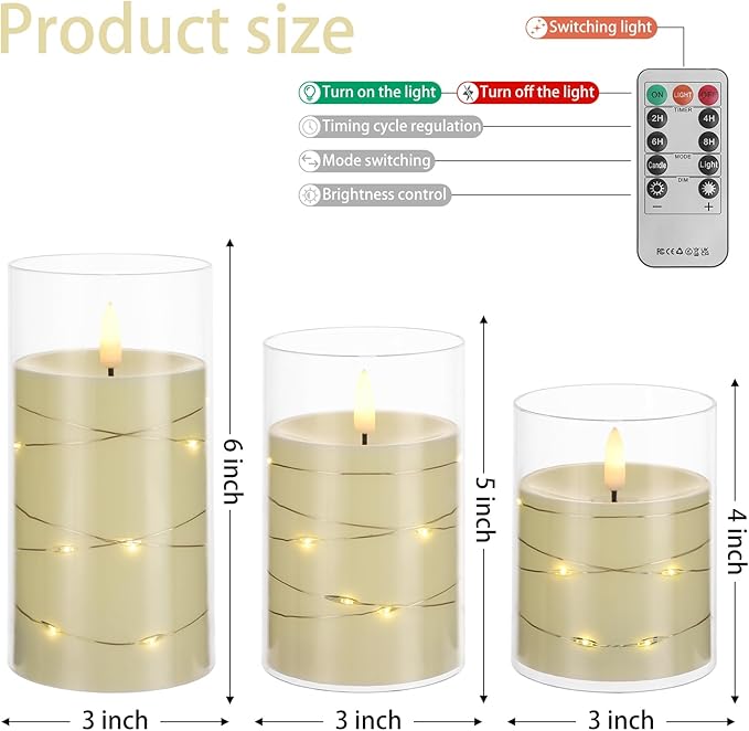 Flickering Flameless Candles with Embedded String Lights - Acrylic Battery Operated Candles with Remote, LED Pillar Candles for Valentines/Wedding Home Decor（White）