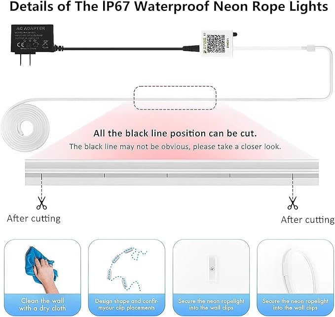 Neon Rope Lights, 20FT RGB LED Strip Lights, Waterproof IP67 LED Lights for Bedroom, DIY Design, Music Sync, 44 Key Remote Control, Multiple Modes for Bedroom, Holiday Decoration