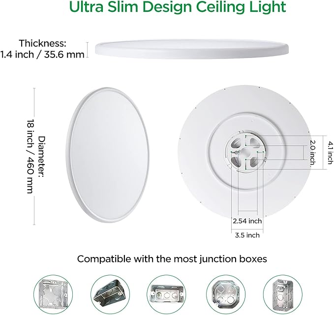 ocioc 18inch Flush Mount Ceiling Light, 36W 3600LM 5CCT Selectable, Dimmable LED Ceiling Light Fixture for Kitchen Bedroom Living Room, Modern Low Profile Style