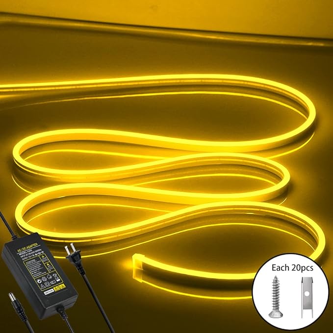 Neon Rope Lights - Cuttable and Dimmable Neon Light Strip 16.4ft/5m Neon Led Strip Lights 12V for Lighting Decoration Indoors Outdoors [Power Adapter Included] Yellow…