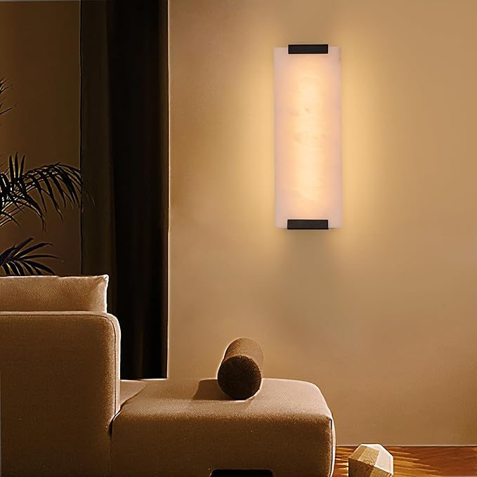 14.2in Alabaster Wall Sconce Hardwired, Large Vertical Natural Marble Wall Light Decor, LED Modern Alabaster Wall Lamp for Bedroom, Stairs, Living Room, Vanity, Bedside, Hallway, Bathroom（Black 12W）