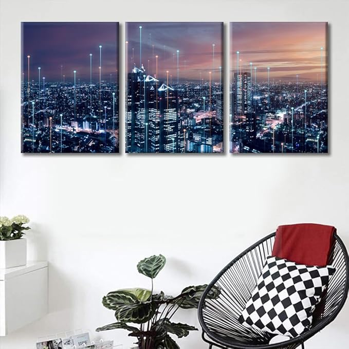 TUMOVO Modern City with Wireless Network Connection Wall Art Canvas Print 3 Pieces CPU Concept Artwork Wall Decor for Bedroom Technology Science Paintings Wall Art Framed Ready to Hang (36" Wx16 H)