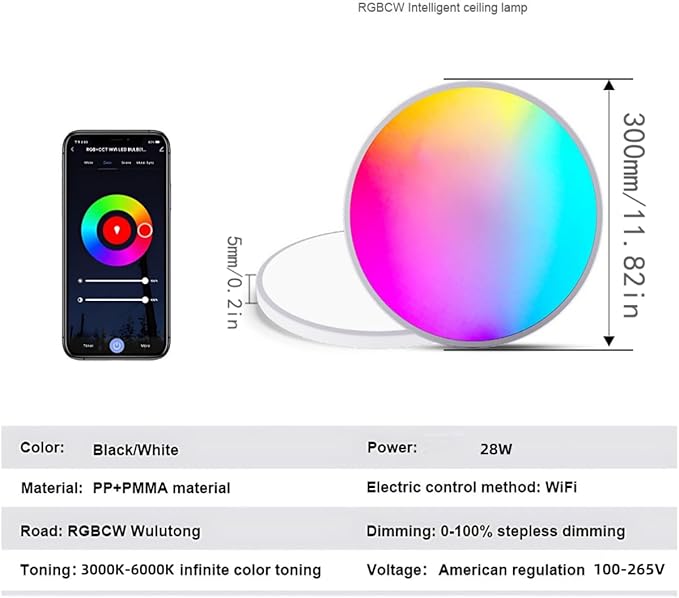 Smart Wifi Ceiling Light, RGB+CCT LED Ceiling Light Fixture, Compatible with Alexa Google Home,16 Million Multi-Color 3000-6500K,for Bedroom, Living Room. (Black, 1 PCS)