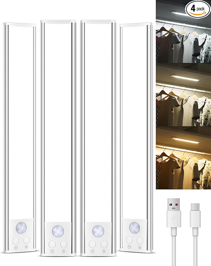 Under Cabinet Lighting, Rechargeable Motion Sensor Light Indoor, 4 Pack Magnetic Dimmable Closet Lights, Wireless Under Counter Lights for Kitchen, Stairs,Hallway(11.8inch)