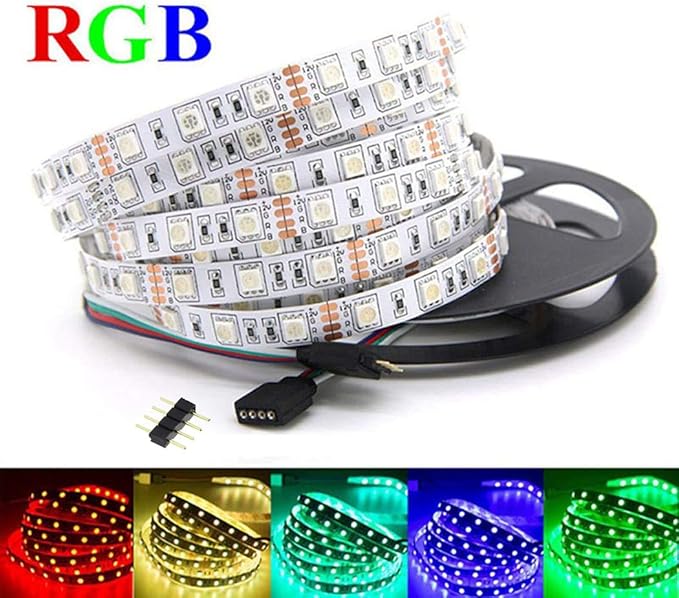 12V Flexible SMD 5050 RGB LED Strip Lights, LED Tape, Multi-Colors, 300 LEDs, Non-Waterproof, Light Strips, Color Changing, Pack of 16.4ft/5m Strips