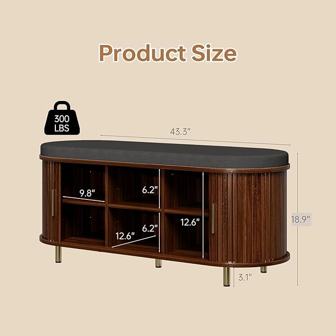 Entryway Bench with Storage: 43.31" Wooden Bedroom Shoe Bench with Thickened Padded Seat Cushion, Mid Century Modern Fluted Sliding Door and Adjustable Shelf, for Entryway, Living Room