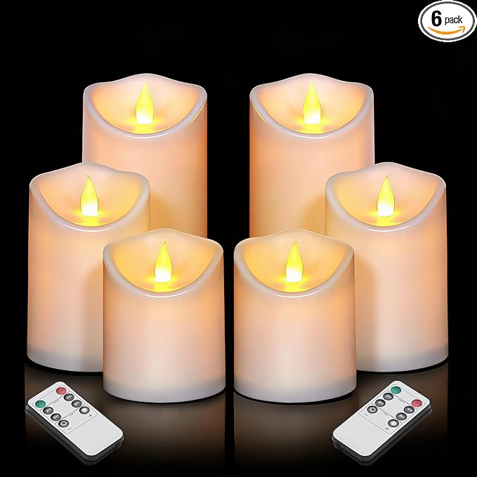 Flameless Candles 4" 5" 6" Outdoor Indoor Pillars Battery Operated Flickering Candles Include 8-Key Remote Timer 400+ Hours by 2 AA Batteries (White Candle - Warm Light, 6 Pack)
