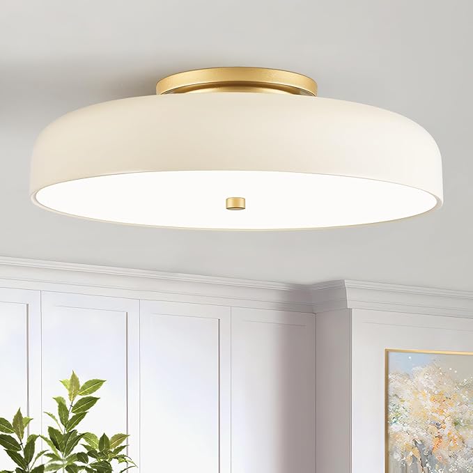 Dimmable LED Ceiling Light Fixture, 2700K-6000K 5CCT Modern Mid-Century Semi Flush Mount Ceiling Light, Cream White Close to Ceiling Lamp for Bedroom, Living Room, Kitchen, 15.7in