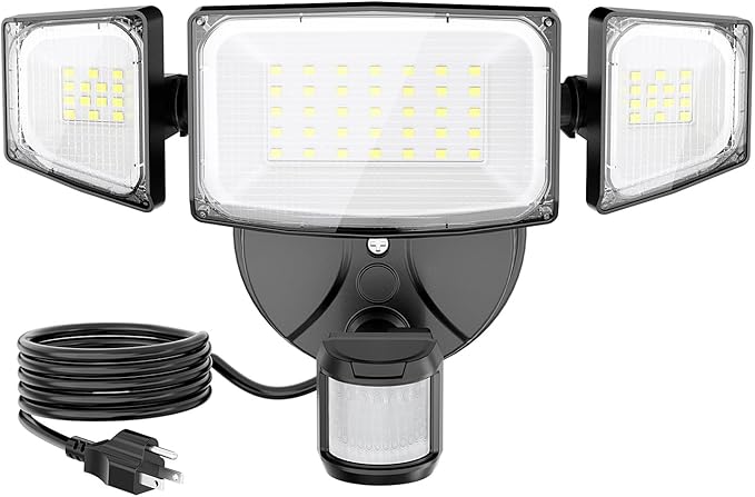 Olafus 50W Motion Sensor Outdoor Light Plug in, Motion Flood Light Dusk to Dawn, 5000LM LED Security Light IP65 Waterproof, Motion Activated 6500K PIR Sensor Lighting for Garage Yard Patio Eave, Black