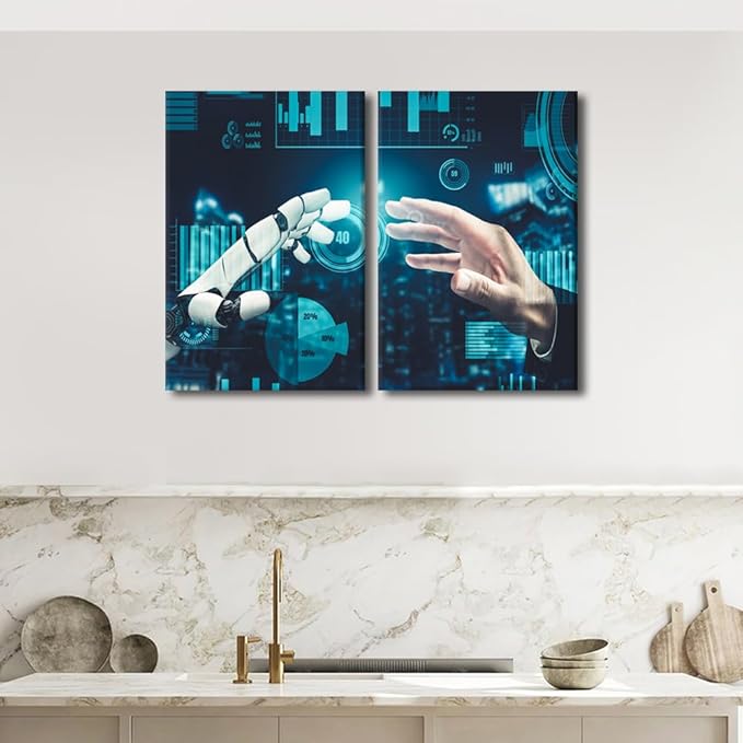 3 Pieces AI Intelligence Pictures for Living Room Robot Wall Decor Painting Artwork Canvas Paitings House Art Posters and Prints Framed Art Ready to Hang, 24" Wx16 H