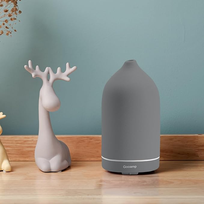 200ML Ceramic Essential Oil Diffuser - Ultrasonic Aromatherapy & Humidifier with 7-Color LED Lights, Auto Shut-Off, Grey, 1H/3H/6H Timer | Scent for Home,Office,Yoga