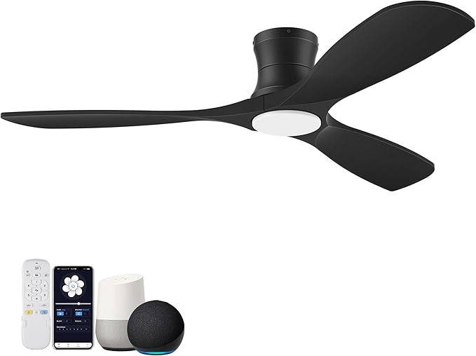 52” Smart Wood Low Profile Ceiling Fan with Lights Remote,Quiet DC Motor,Outdoor Indoor Flush Mount Ceiling Fans Controlled by WIFI Alexa App,Modern Black for Bedroom Living Room Patio Porch