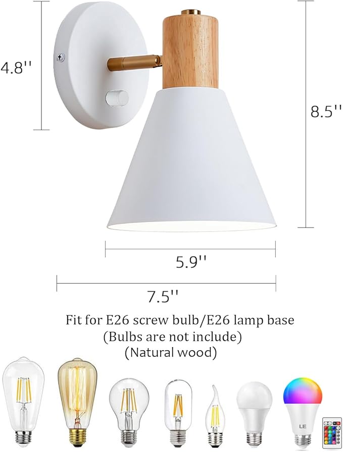 ClanKin Wall Sconces Lighting Set of 2 for Bedroom, White Adjustable Wood Style Wall Sconce Reading Lamp, Wall Light for Bedroom Hallway Living Room (White-Hardwired, 2)