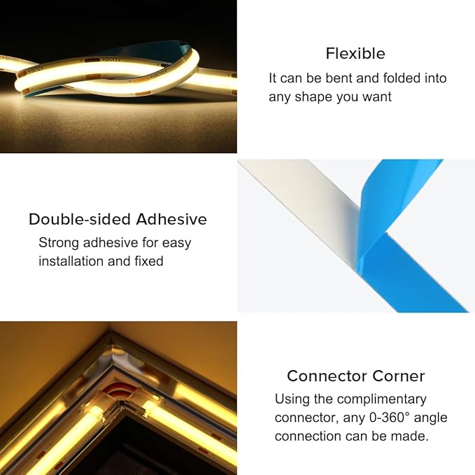 16.4FT COB LED Strip Light IP65 Waterproof DC12V 6000K Daylight White Dimmable Strips, 320LEDs/m High Density Flexible Uniform Lights for DIY Home Decor, Cabinet, No Adapter/Controller