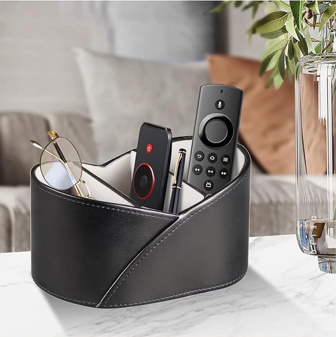 YAPISHI Leather Remote Control Holder for Table,TV Remotes Caddy 3 Grid Desk Organizer and Accessories Storage for Controllers/Stationery/Supplies, Modern Decorations for Living Room Nightstand Black