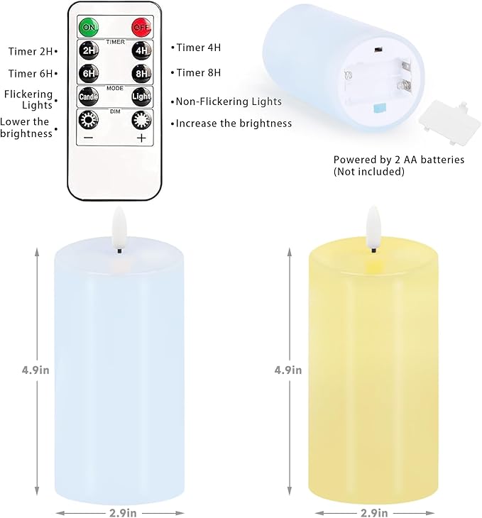 Pastel Flameless Candles, Set of 2 6"x3" Flickering Spring LED Candles with Remote & Timer, Dimmable Real Wax Easter Pillar Candles Battery Operated, Electric Candles for Home Spring Easter Decor