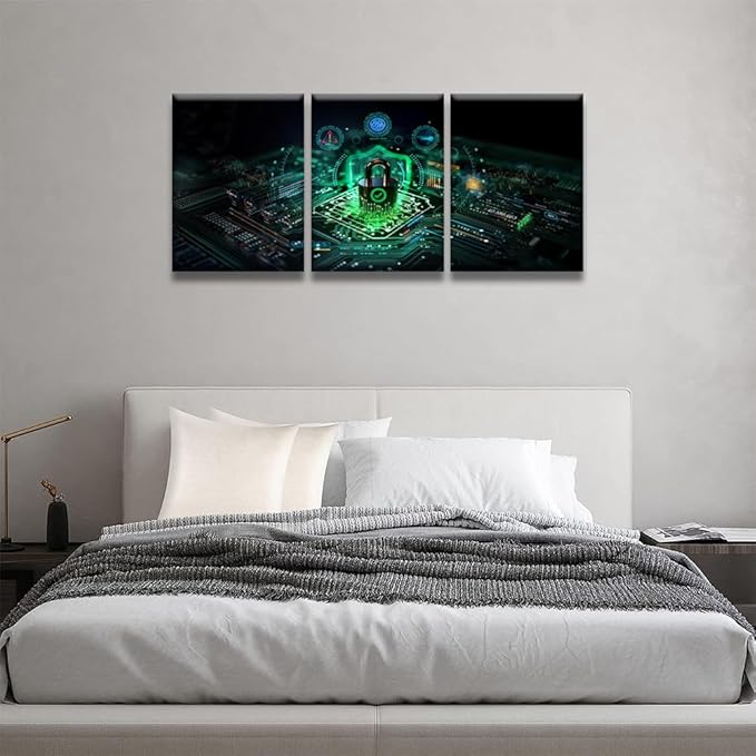 Canvas Wall Art Secure Connection or Cybersecurity Service Concept Picture Posters, Wall Art for Home Hotel Wall Decoration, 3 Panel Framed Wall Art Ready to Hang, 12x16inchx3