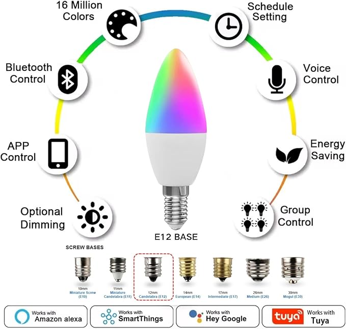 Candelabra Smart Light Bulbs 60W Equivalent, 450LM 5W LED Bulb Compatible with Alexa/Google Home, RGBCW 16 Million Color Changing Light Candle Bulb, No Hub Required, 2.4G (E12) (1)