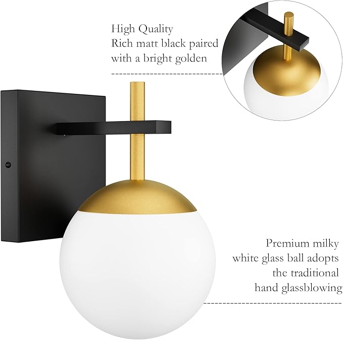 Ralbay Black Gold Wall Sconce, Mid Century Modern Wall Lighting Fixtures Milky Glass Indoor Wall Lamp for Home Decor Bathroom Kitchen Living Room Vanity Hallway, Black and Gold 1 Light