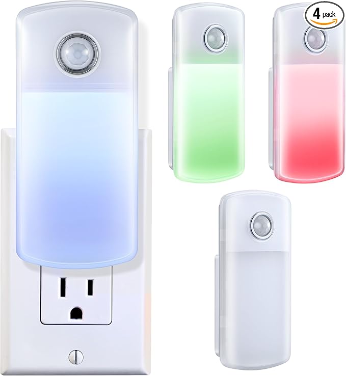 Enhon Emergency Power Failure Night Lights, 5-in-1 Multi Color LED Light, Rechargeable Flashlight with Foldable Plug, Automatic On Off Motion Sensor for Bedrooms, Hallways, Black Outs (4 Pack)