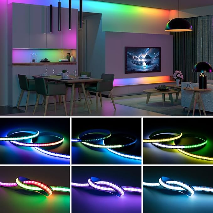 BTF-LIGHTING FCOB COB WS2811(WS2812B) IC RGB 180LED/m 720IC LED Strip DC5V 13.1FT Individual Addressable Flexible High Density Uniform Light Dream Chasing Color 10mm Width(NO Adapter or Controller)