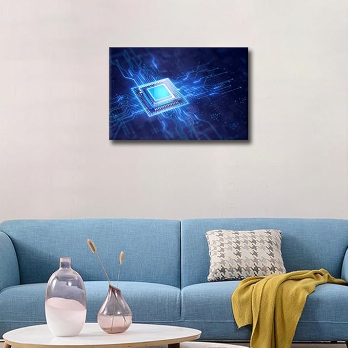 TUMOVO Glowing CPU Wall Art AI Pictures Print On Canvas Futuristic CPU Modern Artwork Circuit Board Wall Art for Living Room Office Giclee Gallery Posters and Prints Framed Ready to Hang, 24x16in