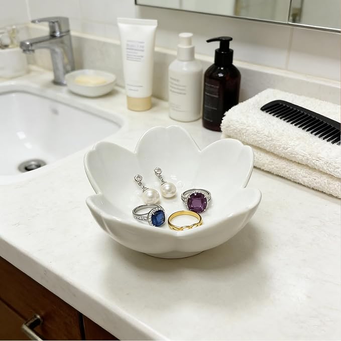 Ceramic Jewelry Dish, White Small Jewelry Bowl, Flower Ring Dsih Decorative Jewlery Tray, Cute Trinket Tray Jewelry Holder for Bathroom Nightstand, Friendship Birthday Gifts for Women Mom