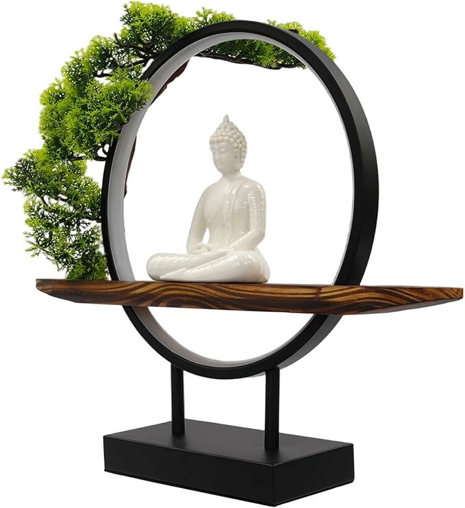 Buddha Statue Lamp with LED Light, 16.5in Zen Decor for Office Desk, Mindfulness Gift for Meditation Space, Indoor Home Decor Figurine with Artificial Tree