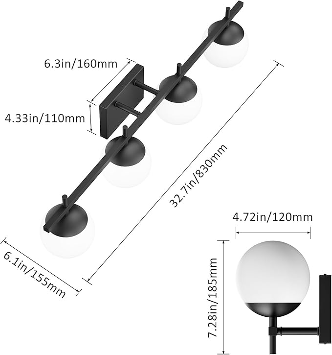 Ralbay Black Vanity Lights for Bathroom Milky Glass Mid Century Modern Bathroom Vanity Wall Light Over Mirror, Black 4-Lights