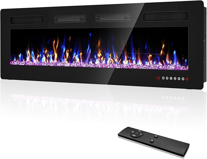 60” Electric Fireplace Recessed and Wall Mounted Fire Places with Remote Control, Touch Screen