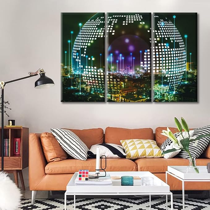Smart City and Information Technology Abstract Canvas Wall Art Communication Technology Concept Artwork Black and White Wall Art 3 Panel Artwork for Home Walls Framed Ready to Hang (42"Wx28"H)